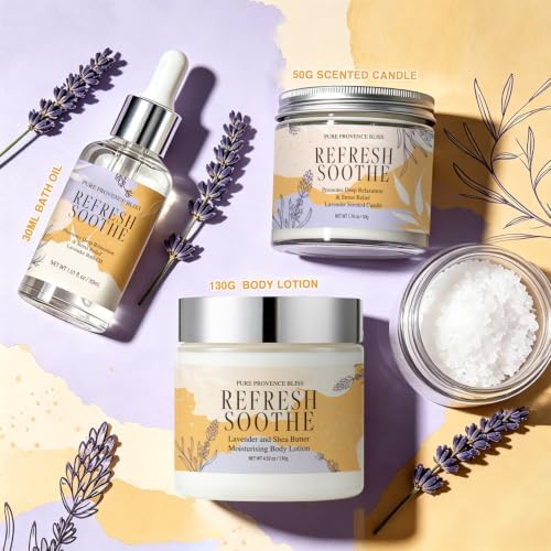 Spa Gift Set for Women, 6Pcs Lavender Bath Gift Set Home Spa Kit with Bath Salts Body Butter Shower Gel Essential Oil Candle Soap Self Care Gifts for Her Birthday Mother's Day Christmas - Image 2