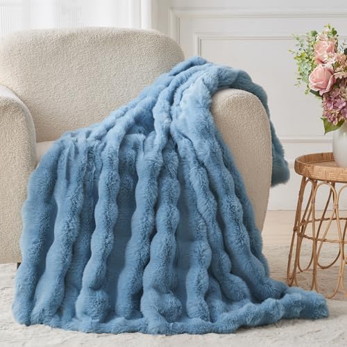 Lotus Karen Faux Fur Throw Blanket Sky Blue - Big Bubble Rabbit Fluff Blanket for Couch Bed Sofa,Softest Fluffy Fuzzy Cozy Blanket,Thick Furry Plush Shaggy Warm Blankets for Women,60x80 Inches by LotusKaren