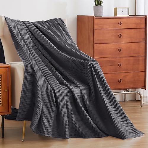 100% Egyptian Cotton Waffle Weave Throw Blanket for Bed Couch Sofa Home Decor, Soft Lightweight Bed & Couch Blanket for All Seasons (Dark Grey - Throw Size - 50 * 60") - Image 2