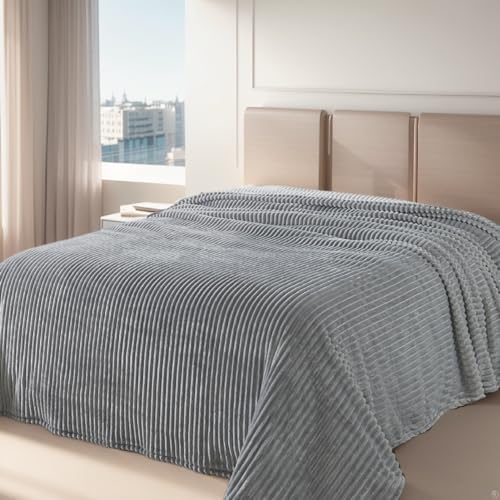 Richave Cuddly Queen Size Blanket, Premium Lightweight Anti-Static Fluffy Fleece Blanket with Striped Pattern, 90x90 Inches, Ash Grey by RICHAVE