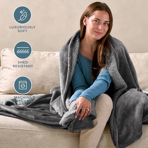 Bare Home Sherpa Fleece Blanket (Full/Queen, Grey with Grey Sherpa) - Image 3