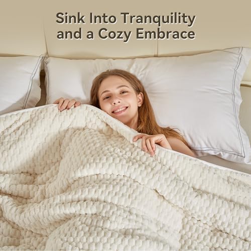 Weighted Blanket Queen Size for Adults,15lbs Jacquard Sherpa Heavy Blanket for Calming and Relax, Dual Sided Ultra Soft Fuzzy Throw Blanket with Glass Beads, 48" x 72", Cream White - Image 3