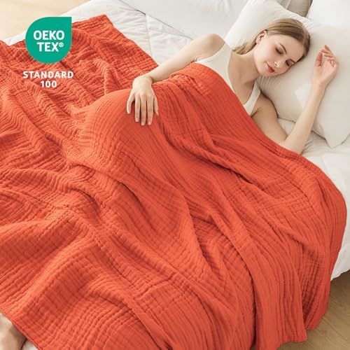 EMME Cotton Muslin Queen Blanket Bed Layering Bedspread Coverlet Breathable Gauze Soft Lightweight Adults (Heather Orange Rust, 90"x90") - Image 5