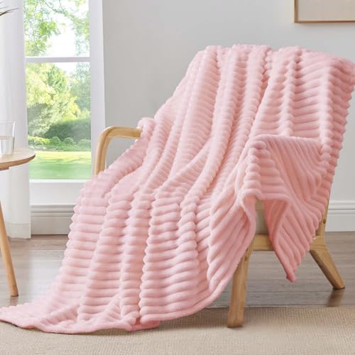 BEDELITE Throw Blanket for Couch - 300GSM Soft & Warm Fluffy Pink Blanket, Decorative and Giftable Striped Blankets for Women, Men, 50"x70" by BEDELITE