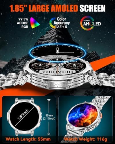 1.85" Big Screen Military Smart Watch for Men with Flashlight, 930mAh Large Battery, IP68 Waterproof, Bluetooth Calling, 114 Sports Modes, Heart Rate/Sleep Monitor for iPhone & Android - Image 2