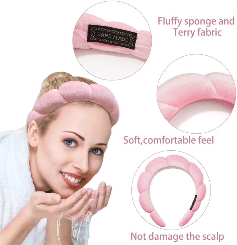 Ayesha 2pcs Spa Headband for Washing Face, Bubble Sponge Soft Hairband for Women - Skincare and Makeup (Pink&Black) - Image 5