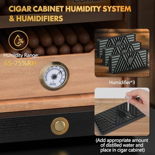 Tesonway Cigar Humidor, Desktop Cigar Humidor Cabinet Light Control System with Spanish Cedar Wood Shelves, Hygrometer, 3 Humidifiers and Cigar Accessories Drawer, Father's Day Gift for Men (Black) - Image 6