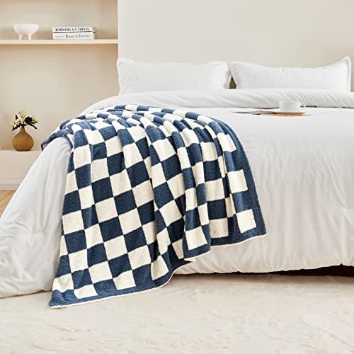 CozeCube Dusty Blue White Reversible Checkered Knit Throw Blanket 50"x60" - Image 7