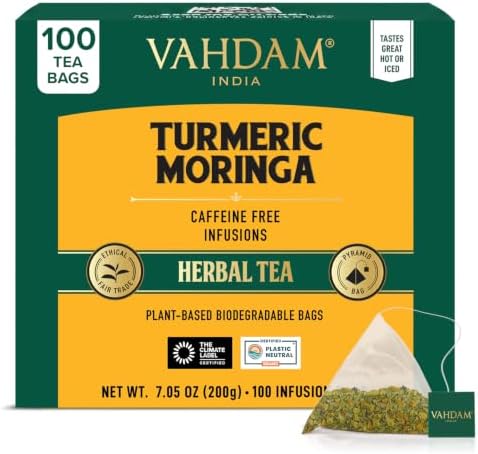 VAHDAM, Turmeric Moringa Tea Bags (100 Herbal Tea Bags) Caffeine Free, Non GMO | 100% Pure Herbal Blend - Sweet & Earthy | Resealable Ziplock Pouch by Unknown