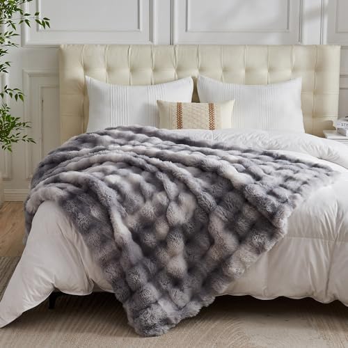 Lotus Karen Faux Fur Blanket - Tie-Dye Gray Twin Size, Big Bubble Rabbit Fluff, Thick Furry Plush Shaggy Blanket for Men, 60x80 Inches - Image 5