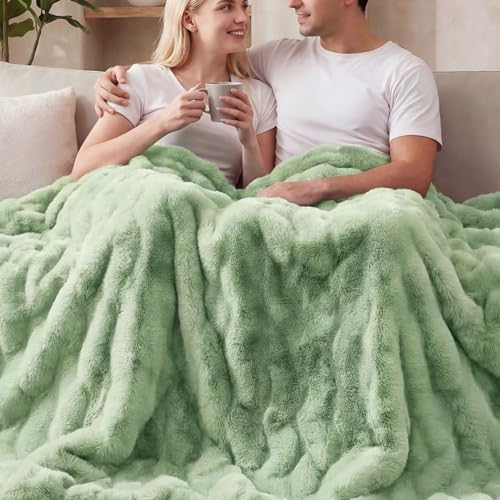 ORINOVA Sage Green Twin Size Blanket for Bed, 60x80 Ultra Soft Faux Rabbit Fur, Fuzzy Fluffy Plush Bubble Texture, Cozy Warm Reversible Throw for Couch, Bedroom Dorm Decor, Gifts for Women by ORINOVA