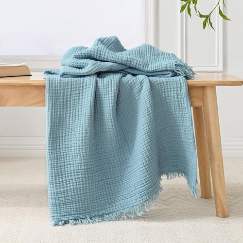 Esterra Muslin Throw Blanket 50x65 Inches Cozy Soft Lightweight Pre-Washed Cotton Blanket, All Season Breathable 4-Layer Gauze Blanket Throw for Sofa Couch Bed, Sky Blue by Esterra