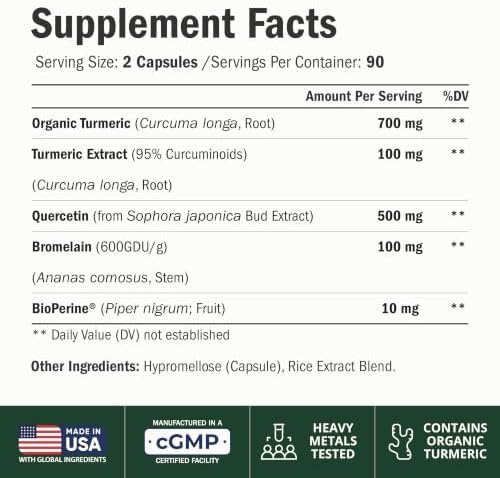Quercetin with Bromelain Turmeric Curcumin Supplement – Triple Action: Allergy Relief, Inflammation and Joint Support with Organic Tumeric + Bioperine for Max Absorption – 180 Quercetin 500mg Capsules - Image 2