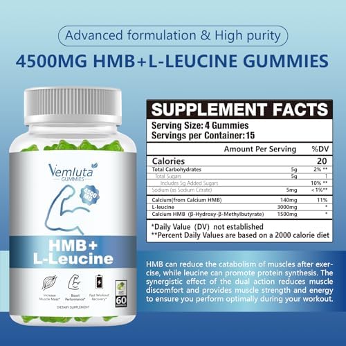 2 Packs HMB and Leucine Supplements Gummies for Men, Women - 4500MG, HMB ＆ Leucine for Muscle Recovery & Growth Support, Non-GMO, Gluten-Free, Adults & Elder, Apple Flavor, 120 Counts - Image 2