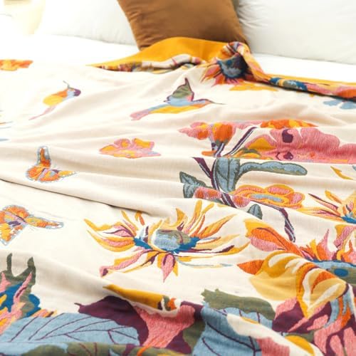VANJOROY Boho Large Throw Blanket for Bed Couch, 100% Organic Cotton Soft Queen Throw-Floral Butterfly Decor Fall Blanket for Sofa Quilt and Gift, 80" x 90"-Beige - Image 5