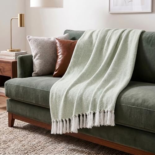 Americanflat 50x60 Throw Blanket - Soft and Breathable Cotton Throw Blanket for Couch, Bed, Chair - Decorative Blankets Perfect for Home or Outdoor Use - Light Green and White Herringbone Design by Americanflat