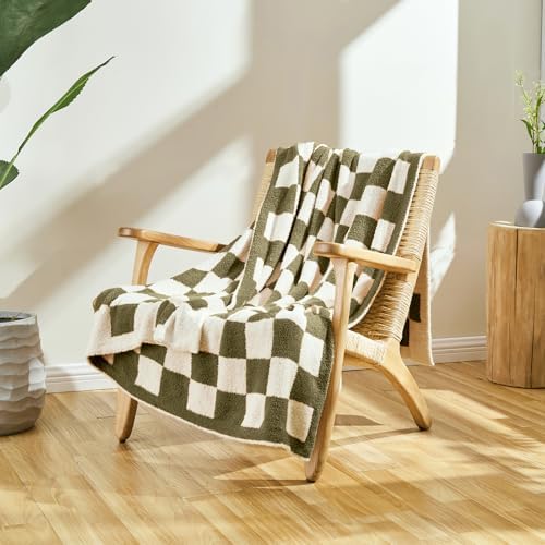 CozeCube Olive Green White Reversible Checkered Knit Throw Blanket 50"x60" - Image 2