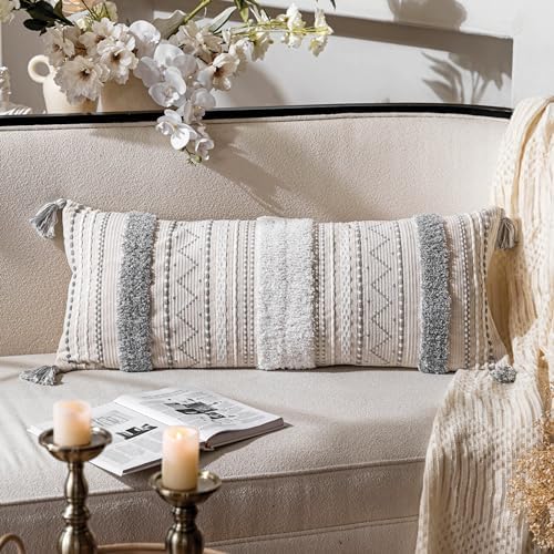 BlissBlush 14x36 Lumbar Pillow Cover for Bed, Rectangular Long Decorative Throw Pillowcase, Boho Accent Cushion with Gray Tufted Pattern and Tassels, Cream Neutral (Cover Only) by BlissBlush