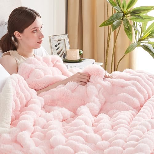 50x60 Inches Ultra-Soft Fuzzy Faux Fur Plush Throw Blanket - Thick, Warm Sherpa for Couch, Sofa, Bedroom, Camping - Decorative Blanket for Cozy Warmth, Bubble Pink - Image 4
