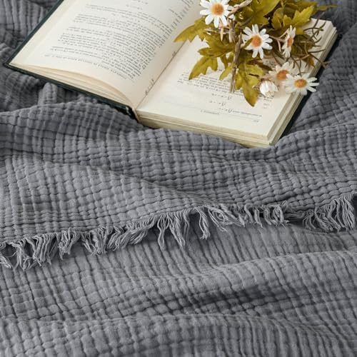 Esterra Muslin Throw Blanket 50x65 Inches Cozy Soft Lightweight Pre-Washed Cotton Blanket, All Season Breathable 4-Layer Gauze Blanket Throw for Sofa Couch Bed, Dark Gray - Image 2