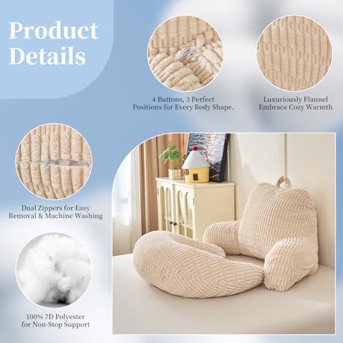 17" Reading Pillow for Bed,U Shaped Arm & Elbow Support,White Corduroy - Image 6