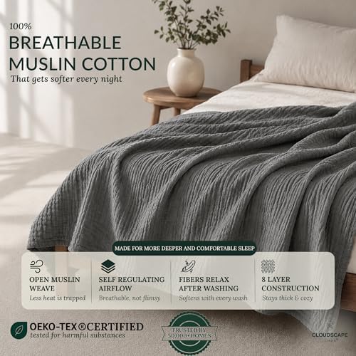 CLOUDSCAPE 8 Layer 100% Muslin Cotton Blanket Twin Size 68"x92" - Sharkskin - Image 2