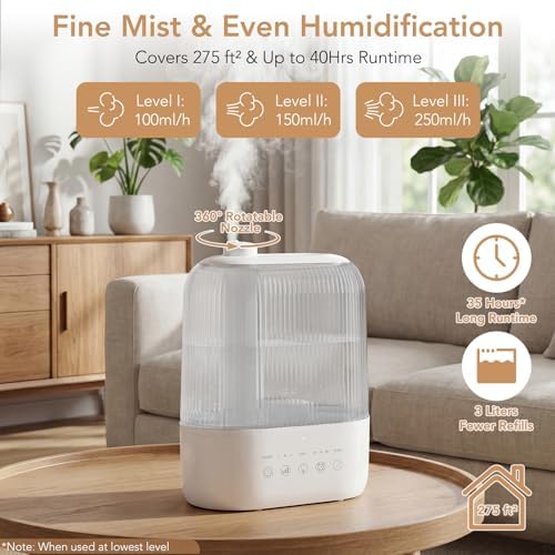 Electactic 3L Top Fill Humidifier, Essential Oil Diffuser & Cool Mist Humidifiers, Smart Humidity Control, Quiet Ultrasonic, 360° Nozzle, 7-Color Light for Bedroom, Home Office - Image 2