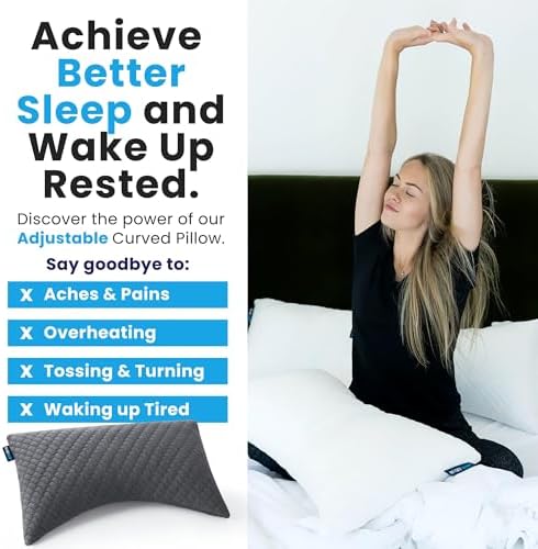 Sidney Sleep Adjustable Curved Pillows for Neck and Shoulder Support with Extra Shredded Fill - Cervical Contour Pillow for Side and Back Sleepers. Standard Size 19" x 26" CertiPUR-US Certified (Grey) - Image 4