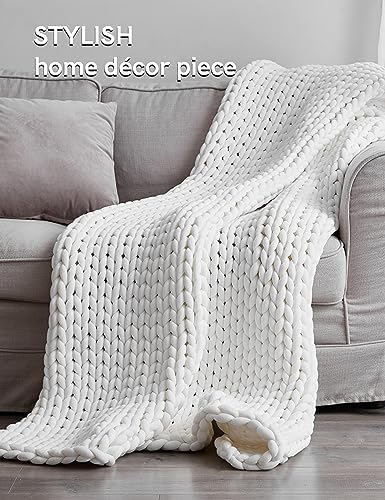 YnM Chunky Throw Blanket, Medium-Weight, Hand Knitted, Skin Friendly, Ventilated and Breathable, Machine Washable, Home Décor Piece for Couch, Sofa and Bed (White, 60x80 Inch) - Image 2