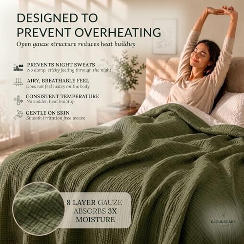 CLOUDSCAPE 8 Laye 100% Cotton Muslin Blanket Queen, 92"x92" - Olive Green - Image 4