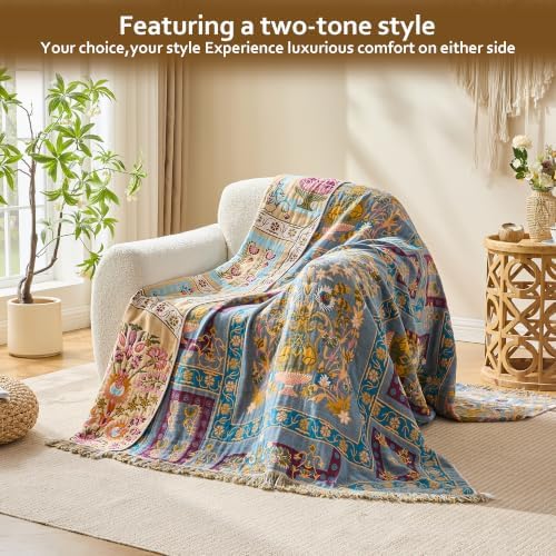 VANJOROY King Boho Throw Blanket, 100% Organic Cotton Breathable Skin-Friendly Ultra Soft 91" x 98" Bed Quilt Throw - Floral Rustic Luxury Reversible Blanket for Sofa Couch Chair and Gift - Image 3