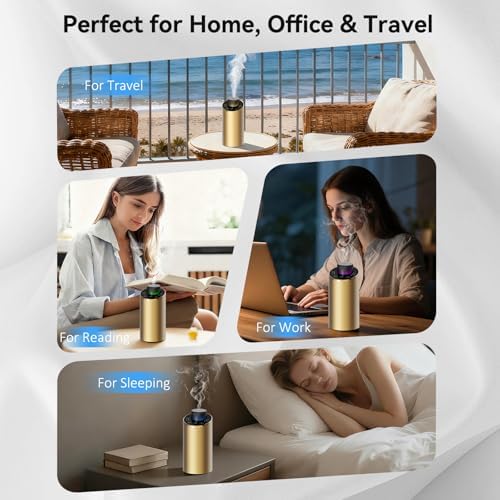 Waterless Essential Oil Diffuser Aromatherapy Scent Diffusers for Home Large Room, Bedroom, Car, Office, Desk, Battery Operated Mini Portable Air Freshener, 3 Countdown Timers & 3 Mist Levels, Gold - Image 6