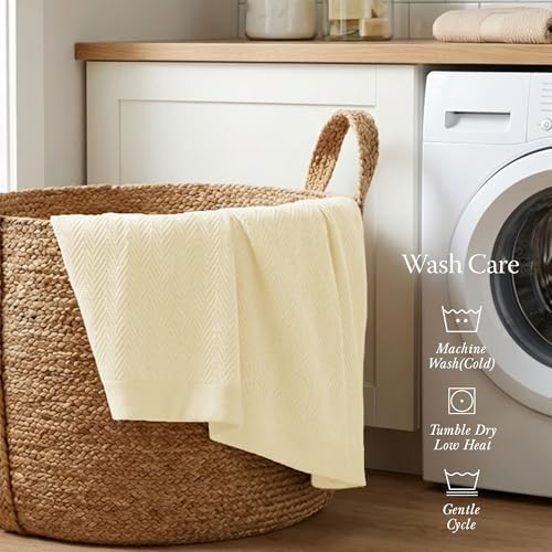 Threadmill Vanilla Cream 100% Combed Cotton King Size Blanket, All-Season Soft Breathable Light Weight Herringbone Throw - Image 5