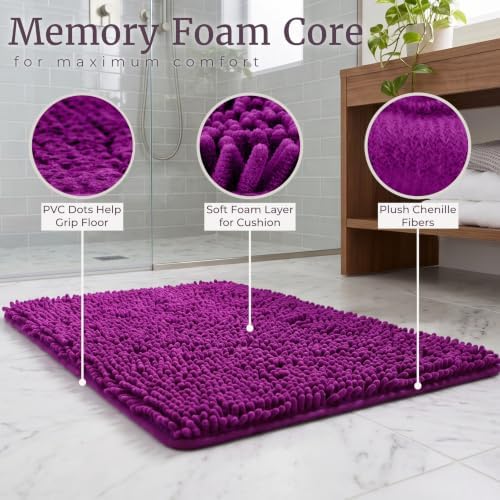 Home Bedford 2 Piece Memory Foam Shag Bath Mat Set - Absorbs Moisture, Dries Quickly, Non Slip Bathroom Rug, Water Absorbent Carpet, Machine Washable - Purple - Image 3