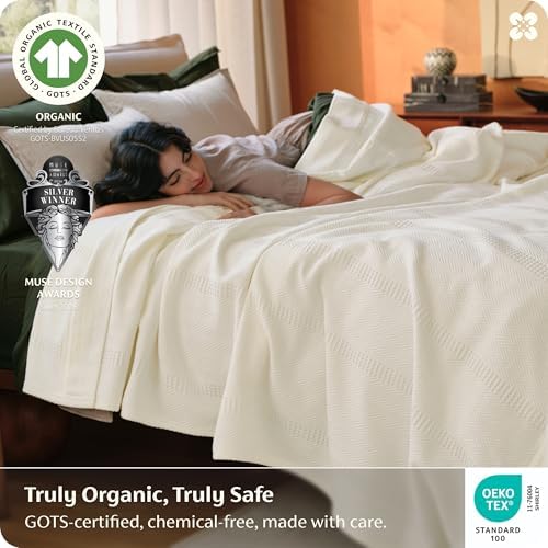 Bedsure PureWoven 100% Organic Cotton Waffle Luxury Blanket, Queen, White - Image 2