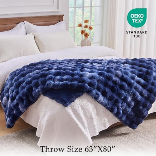 BENVWE Fluffy Faux Fur Throw Blanket for Couch, Soft Plush Thick Cozy Fuzzy Luxury Minky Bubble Blanket for Home Living Room Decor Gift for Women, Tie-dye Blue, 63" x 80", 1100GSM - Image 2