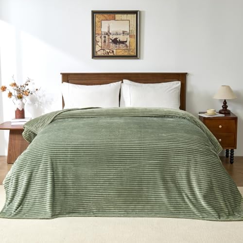 Bnuitland Sage Green Fleece Throw Blanket 90"x90",300GSM Soft Cozy Warm Lightweight Stripe Pattern for Bed Sofa Home Decor,Suitable for Adults Family All Season - Image 4