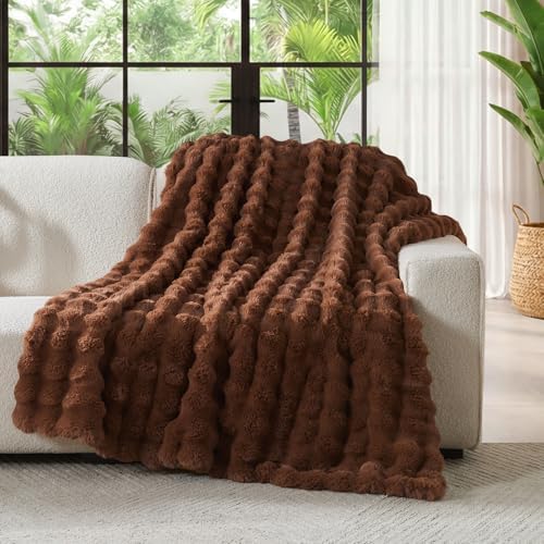 Lotus Karen Faux Fur Throw Blanket Dark Coffee - Big Bubble Rabbit Fluff Blanket for Couch Bed Sofa,Softest Fluffy Fuzzy Cozy Blanket,Thick Furry Plush Shaggy Warm Blankets for Women,108x90 Inches - Image 2
