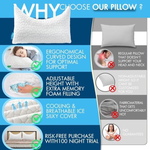 Side Sleeper Pillow for Adults, King Size Cooling Pillow for Neck and Shoulder Pain Relief, Adjustable Firm Soft Shredded Memory Foam Pillows for Side Back Stomach Sleepers, Bed Pillows for Sleeping - Image 5