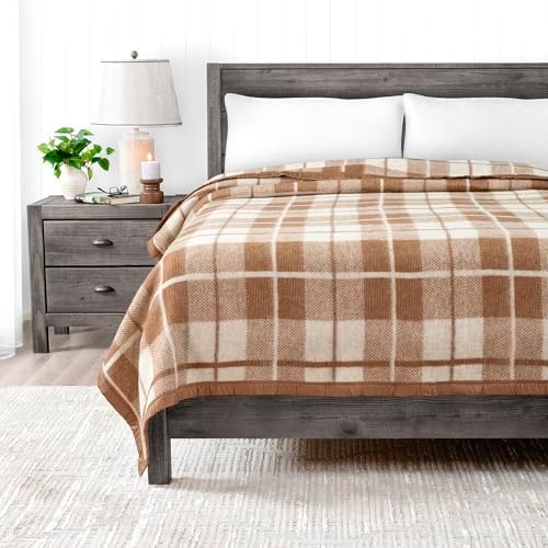 Poyet Motte Rivoli Solid 400GSM 100% Virgin Wool Blanket, Medium/Heavy Weight, Machine Washable (Camel/Natural Plaid, King Size) by Poyet+Motte+Made+In+France
