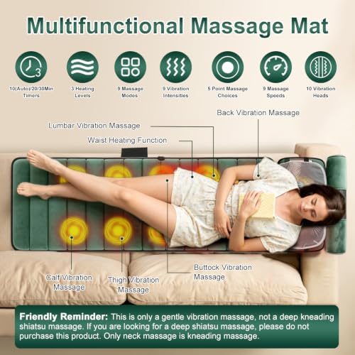 Full Body Massage Mat with Heat,Electric Massager Pad for Neck,Back,Foot&Full Body Pain Relief,10 Vibrating Nodes 3 Heating Levels W/ Detachable Neck,Foot Massager,Head Pillow&Inflatable Lumbar Pillow - Image 2