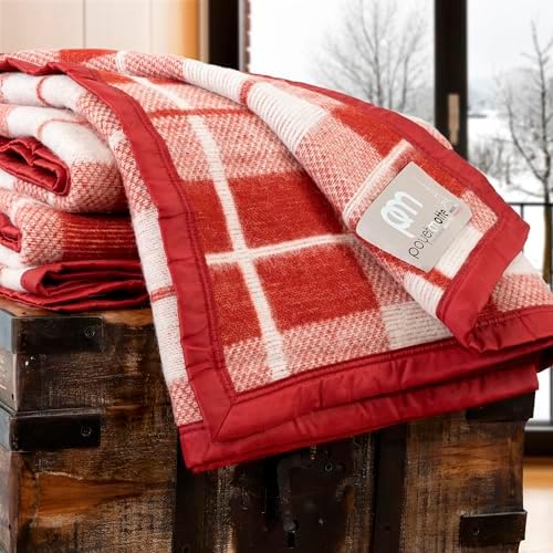 Poyet Motte Rivoli Solid 400GSM 100% Virgin Wool Blanket, Medium/Heavy Weight, Machine Washable (Red/Natural Plaid, Full/Queen Size) - Image 7