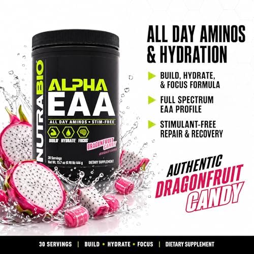 NutraBio Alpha EAA - All-Day Amino Acids for Muscle Growth and Hydration - Essential Amino Acids with Nootropics & Adaptogens- Full Spectrum EAA BCAA Powder - 30 Servings - Dragon Fruit - Image 3