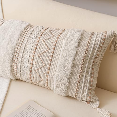 BlissBlush 18X18 Throw Pillow Cover, Cream Neutral Beige Square Decorative Cushion Cover, Boho Accent Pillowcase with Tufted Details and Tassels for Couch Sofa Living Room(Cover Only) - Image 7