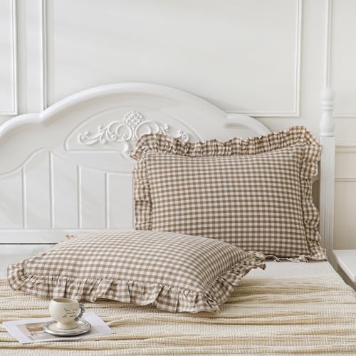 2 Pack Taupe White Plaid Gingham Ruffle Pillow Shams Standard Size 20"x26" by Qilunn