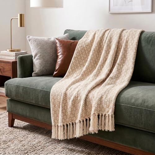Americanflat 50x60 Throw Blanket - Soft and Breathable Cotton Throw Blanket for Couch, Bed, Chair - Decorative Blankets Perfect for Home, Office, or Outdoor Use - Khaki and White Mini Diamond Design by Americanflat