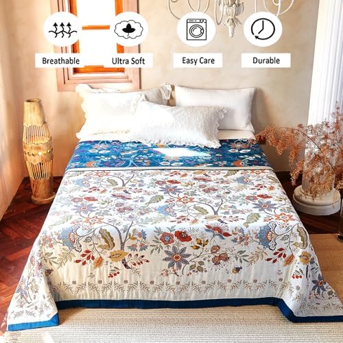 VANJOROY Boho Throw Blanket, 100% Organic Cotton Breathable Skin-Friendly Ultra Soft Bed Quilt Throw - All Season Floral Farmhouse Décor Luxury Blanket for Sofa Couch Chair and Gift. 91" x 98" - Image 3
