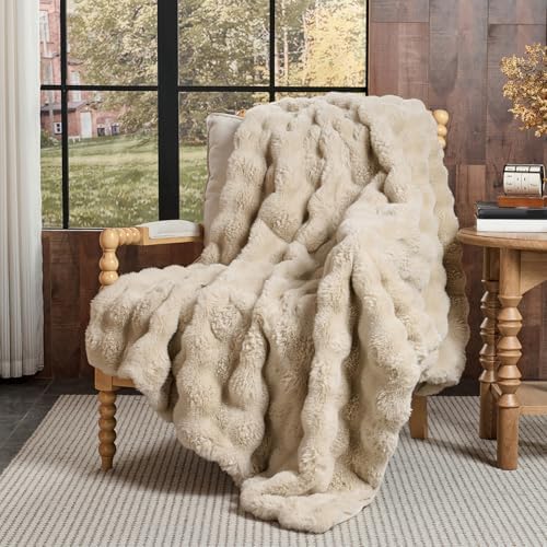 Lotus Karen Faux Fur Throw Blanket Linen - 800 GSM Bubble Rabbit Fluff Blanket for Couch Bed Sofa,Softest Fluffy Fuzzy Cozy Blanket,Thick Furry Plush Shaggy Warm Blankets for Women,90x90 Inches by LotusKaren