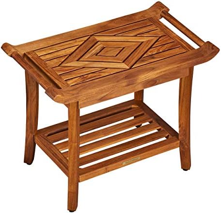 Teak Shower Bench Stool Seat, w/Leveling Feet, Waterproof, Teak Oil Finish by TeakCulture