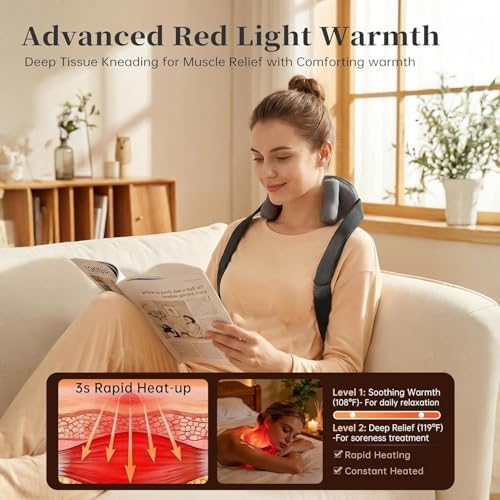 Cordless Neck and Shoulder Massager, 6D Shiatsu Kneading with Remote Control, Rechargeable Electric Back Massager with Red Light, 4 Modes 3 Speeds - Image 3